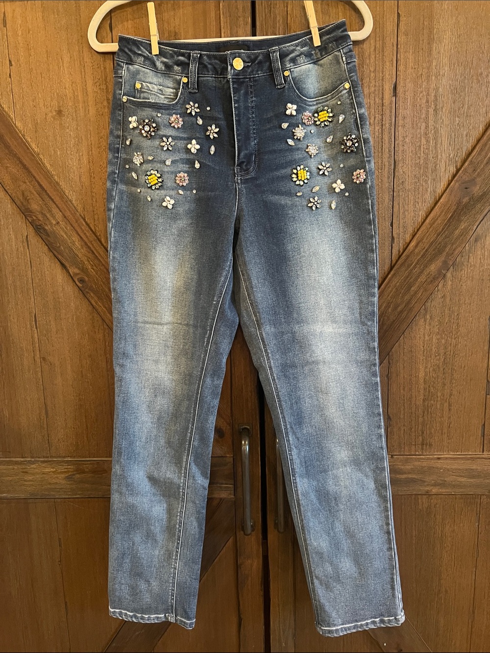 Cache Blue Straight-Leg Jeans with Floral Beaded Embellishment
